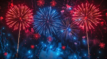 Spectacular Red and Blue Fireworks Display in the Night Sky