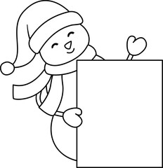 Snowman holding blank sign outline vector
