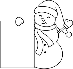 Snowman holding blank sign outline vector
