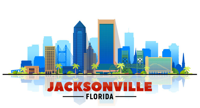 Jacksonville Florida skyline with panorama in white background. Vector Illustration. Business travel and tourism concept with modern buildings. Image for presentation, banner, web site.