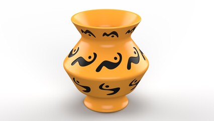 Decorative Yellow Vase. Black engraving design. 3d render. White background