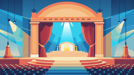 illustration of a stage with spotlight stage with curtains stage with red curtains and spotlights Theater stage light background with spotlight illuminated the stage.. Empty stage with bright colors b
