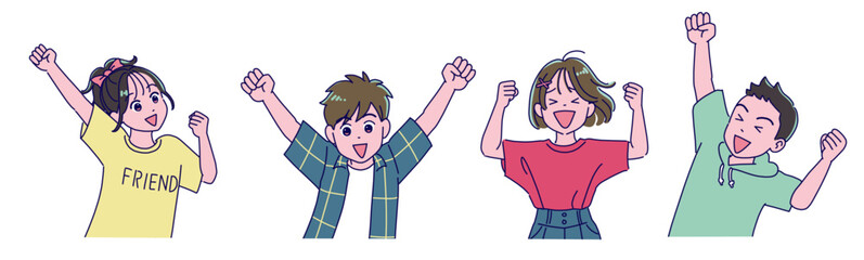 元気にガッツポーズする小学生女子と男子