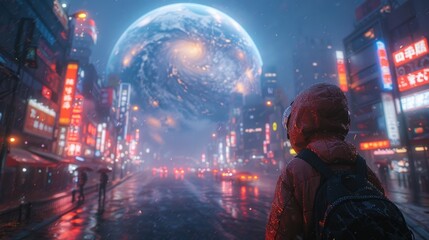 Fototapeta premium A lone traveler stands in awe of a second Earth in a futuristic city