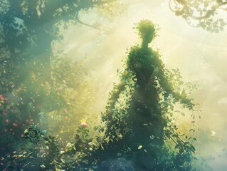 Obraz premium ethereal humanoid plant beings with luminous foliage intertwining vines for limbs and blooming flowers as features standing in a misty otherworldly garden bathed in soft magical light