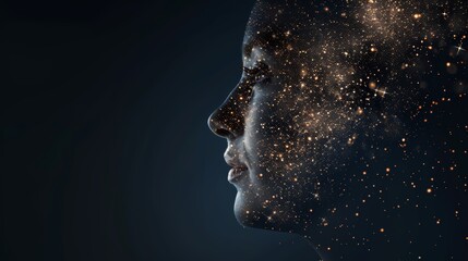 Artistic double exposure of a woman's profile with a starry sky, symbolizing imagination, dreams, and the universe.