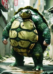 A superhero named Shell Shock. He is a slightly overweight Japanese man. He wears a dark green turtle-inspired outfit with a massive turtle shell on his back.