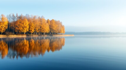Obraz premium Beautiful autumn landscape with colorful trees reflecting on a calm lake under a clear blue sky.
