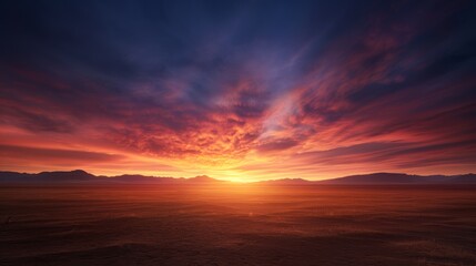 Fototapeta premium Stunning sunset with vibrant colors and a dramatic sky over an expansive desert landscape, symbolizing tranquility and natural beauty.