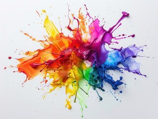 explosive burst of vibrant pigments frozen in time rainbow hues billowing outward in mesmerizing patterns each particle crystalline against stark white background in highspeed capture