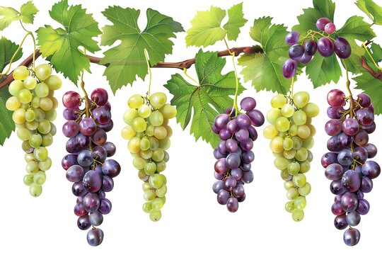 Black grape on cane vine with leafe. Isolated
