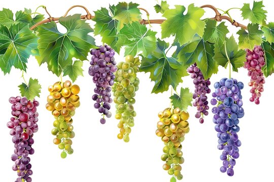 Black grape on cane vine with leafe. Isolated
