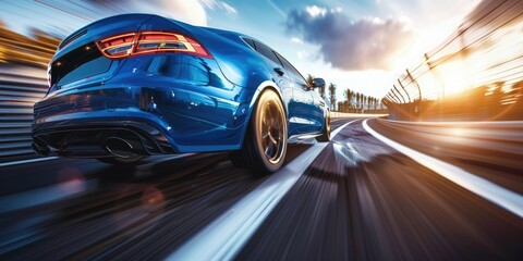 Fototapeta premium A blue car driving on a highway with a blurry background, suitable for use in travel or transportation-related contexts