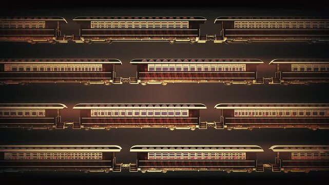 Animated train wagons are moving side to side in the virtual background. Animated Railroad car wagons are passing by in the dark background. Animated railway wagons are traveling in the background.