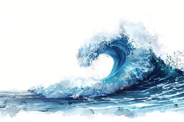 Watercolor Japanese blue waves, Japanese blue ocean art. Illustration of ocean blue waves in white background
