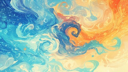 Abstract Fluid Art with Vibrant Blue and Orange Swirls, Dynamic and Colorful Background