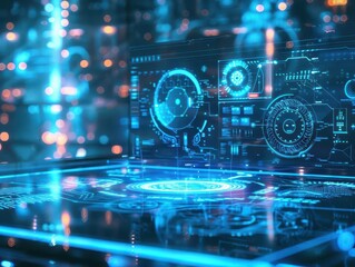 futuristic data visualization holographic screens display intricate flowcharts aipowered automation symbols cool blue tones geometric patterns