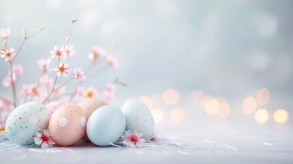Pastel-colored Easter eggs with delicate pink blossoms on a soft, dreamy background, perfect for celebrating spring and festive occasions.