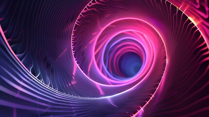Graphic design art of abstract illusion of spiral with geometric shapes of pink and violet neon lines. 