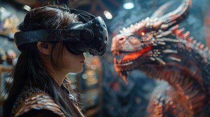 Woman in VR Headset Facing a Dragon
