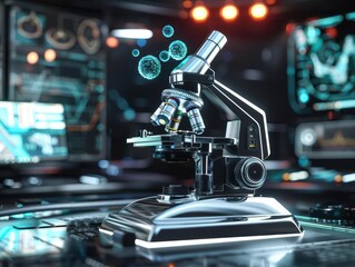 Fototapeta premium futuristic microscope sleek chrome and glass design holographic display glowing neon accents floating 3d cellular structures scifi laboratory setting