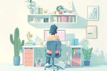 Fototapeta premium digital art of a cute anime girl in her room digital art, painting, anime, art, Graphics, backgrounds, anime characters, anime wallpapers, cartoon, girl, fantasy 