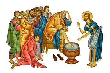 Obraz premium Maundy. Foot washing Illustration in Byzantine style 