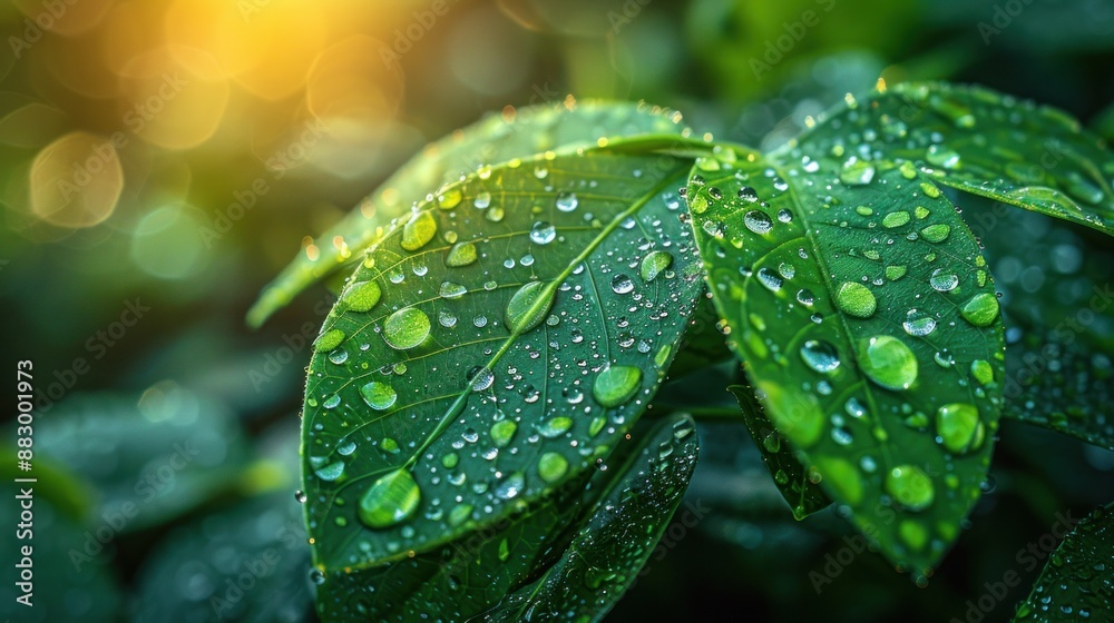 Poster dew drops on green leaves