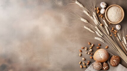 Obraz premium Rustic autumn background with wheat, nuts, and bread on a textured surface. Harvest-themed still life with copy space.