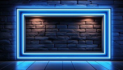 neon blue horizontal frame with space for text on black stone wall background