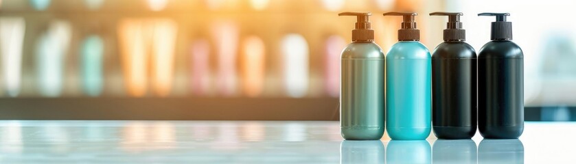 Shampoo and hair styling products displayed together, ready for a hair transformation selective focus, hair makeover, futuristic, silhouette, salon interior backdrop