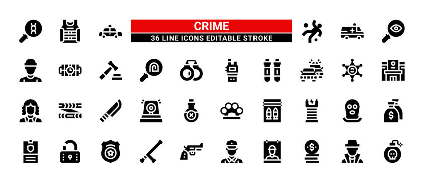 36 Crime Line Icons Set Pack Editable Stroke Vector Illustration.