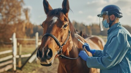 Fototapeta premium Horse that is currently receiving an injection in the neck from the veterinarian