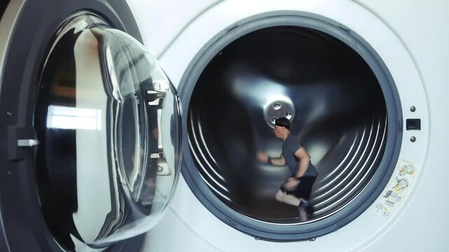 A man run around the closed circle of a washing machine drum. Running in a vicious circle. Running like a squirrel in a wheel
