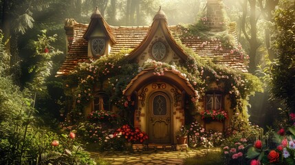Charming fairy-tale cottage nestled in a lush forest environment.