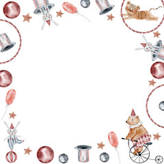 Cute circus watercolor. Frame with hand-drawn cartoon animals. Clip art isolated on white background of a bear on a bicycle, an acrobat bunny and a tiger cub. Ideal for invitations and cards for baby