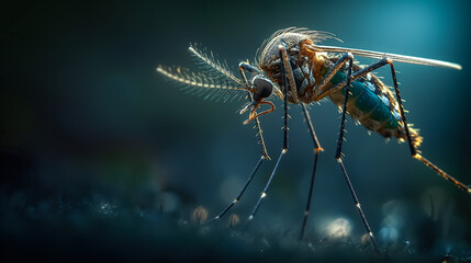 Naklejka premium A mosquito that carries dengue fever and Zika virus is sucking blood. The concept of disease transmission, public health risk, and the importance of mosquito control. Generative AI.