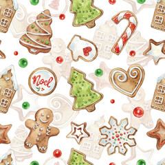 Seamless pattern of cute Watercolor Gingerbread. Christmas gingerbread cookies. Christmas decorations. Vector watercolor illustration of Christmas tree, snowflake, house, stars, heart, man, candy.