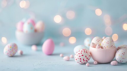 Fototapeta premium Soft pastel Easter eggs in bowls with bokeh lights on a light blue background, creating a festive and springtime atmosphere.