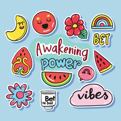 Cute Hand Drawn Stickers Set with Words "Awakening Power" and "Vibes"