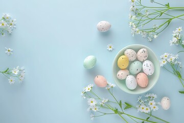 Obraz premium Easter eggs on green plate on pink background. Top view, flat lay. 