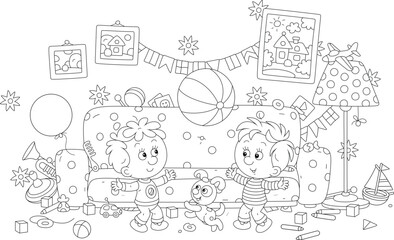 Funny little boys with a puppy romping and merrily playing a striped ball in their room with a big soft sofa and many colorful toys scattered in mess, black and white vector cartoon illustration