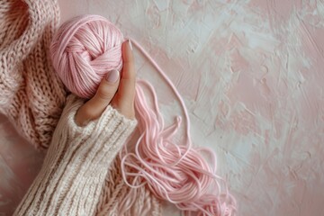 A ball of pink threads. Top view of female hands holding ball of pink thread. Knitted things.