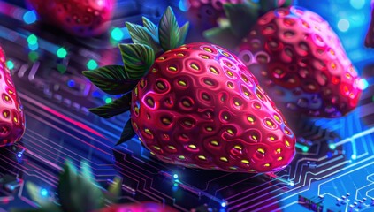Cyberpunk Strawberry on Circuit Board