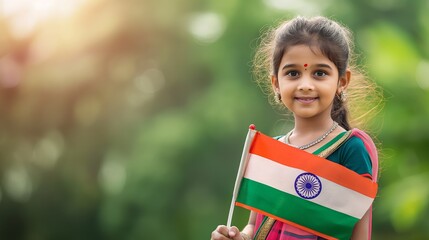Happy child holding the Indian tricolor flag outdoors, celebrating Independence Day on August 15 in a lush rural setting.