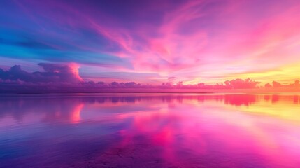 Obraz premium Stunning vibrant sunset over calm ocean water reflecting pink and purple hues, creating a dreamy, serene, and magnificent seascape.