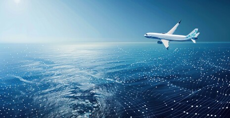Fototapeta premium Airplane Flying Over Abstract Ocean