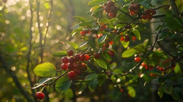 In the cool shadows of a mountain forest a patch of ripe and plump serviceberries await their discovery by a foraging enthusiast.