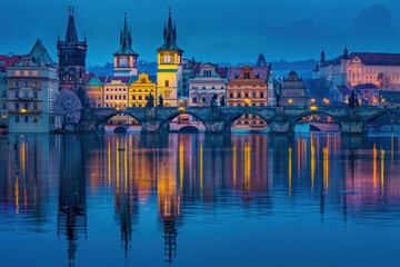 Fototapeta premium Charles Bridge and Prague Skyline at Dusk