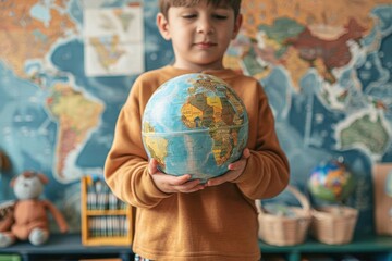 Young boy holding a globe in a classroom, emphasizing geography education and global awareness in a school setting.